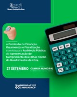 Audiência Pública de Apresentação do Cumprimento das Metas Fiscais será realizada nesta sexta (27.09)